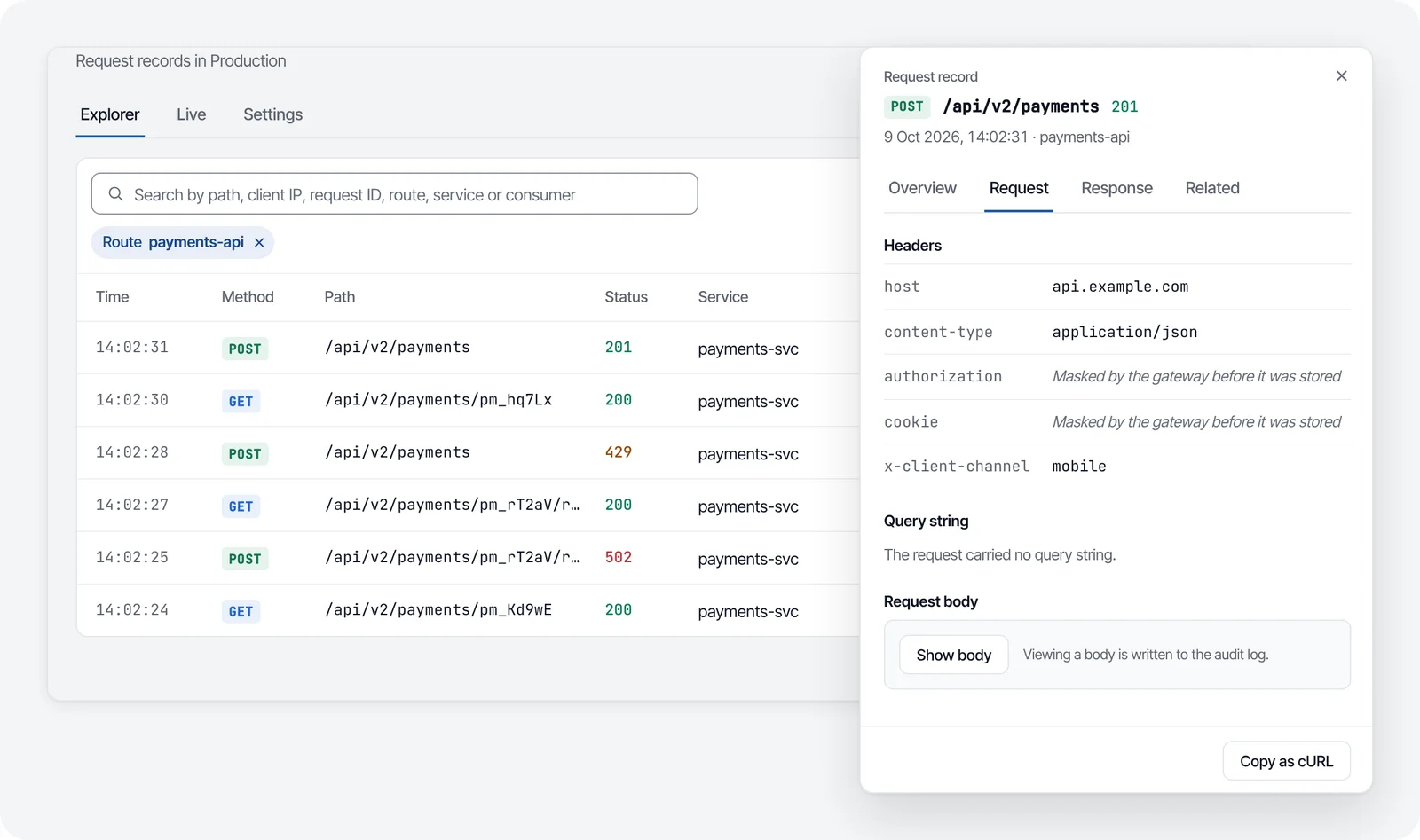 Traffic Explorer in the G8 console: request records in Production and the headers of one request, with the authorization and cookie values masked by the gateway.